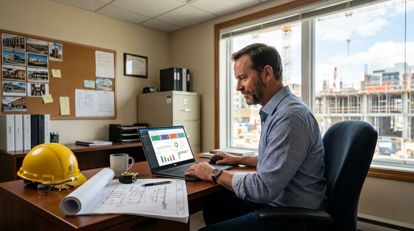 Construction business owner reviewing tender opportunities on a laptop dashboard